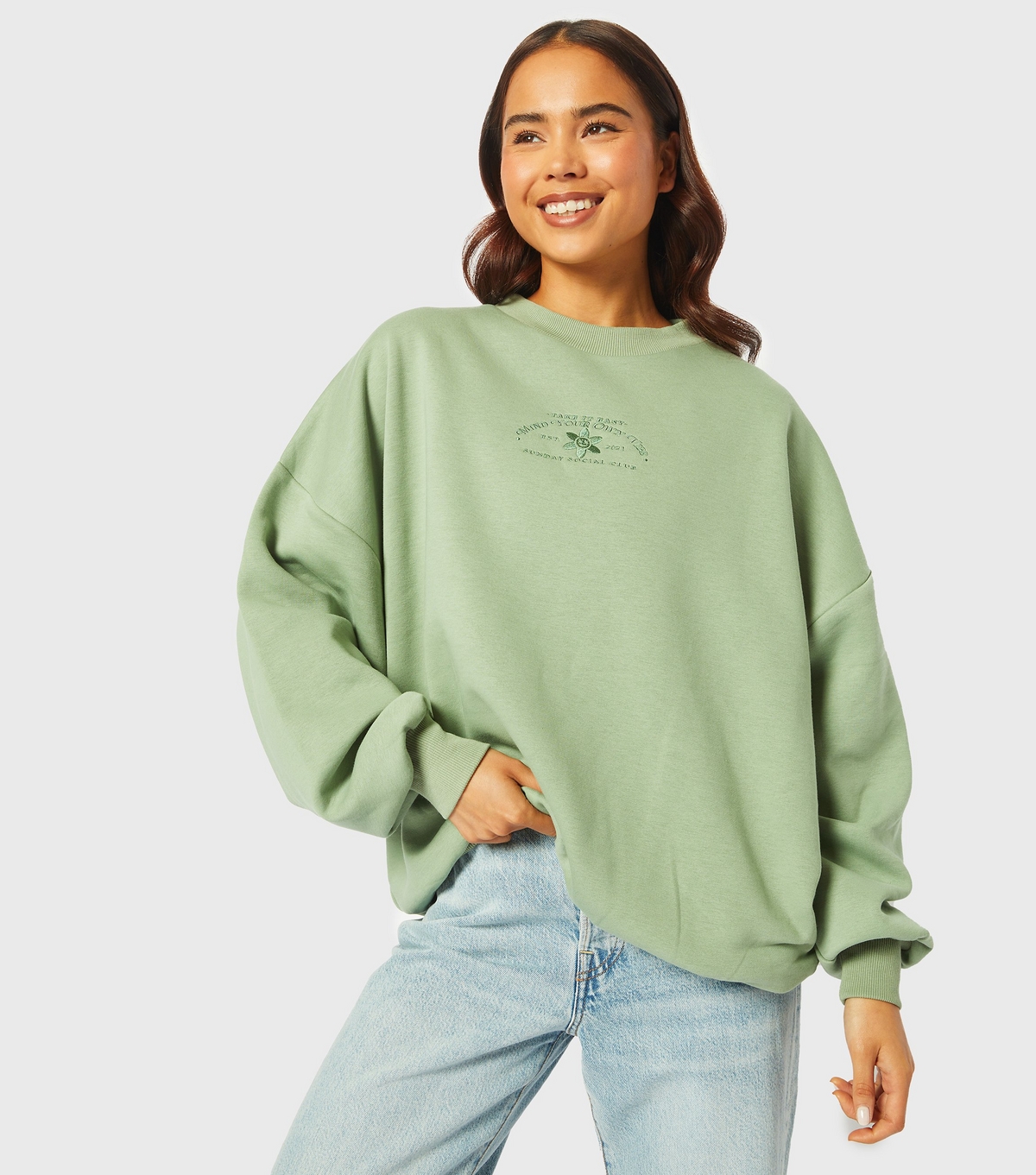 Women's Green Slogan Oversized Sweatshirt Skinnydip New Look