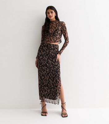 Brown Animal Print Mesh Split Hem Midi Skirt New Look