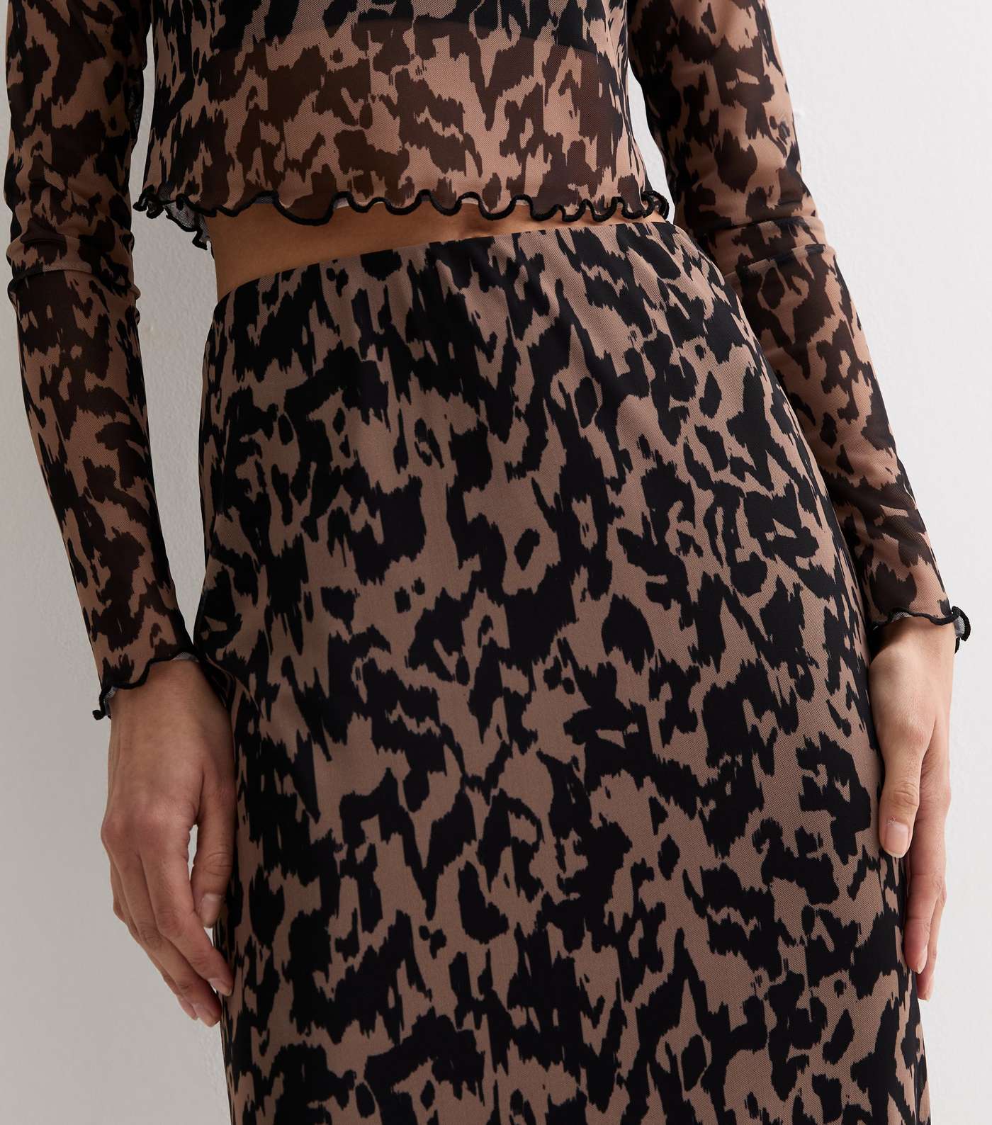 Brown Animal Print Mesh Split Hem Midi Skirt Image 2
