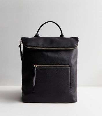 Black Leather Look Foldover Backpack