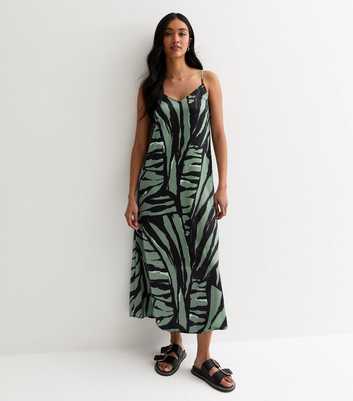 ONLY Green Abstract Print Satin Midi Slip Dress