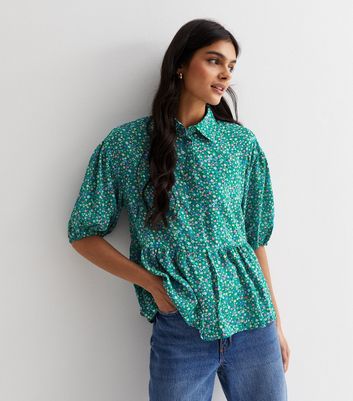 Gini London Green Ditsy Floral Collared Blouse New Look