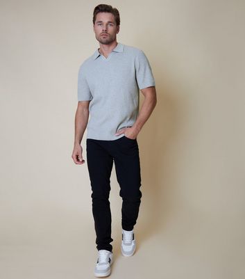 Men's Threadbare Grey Knit Polo Shirt New Look