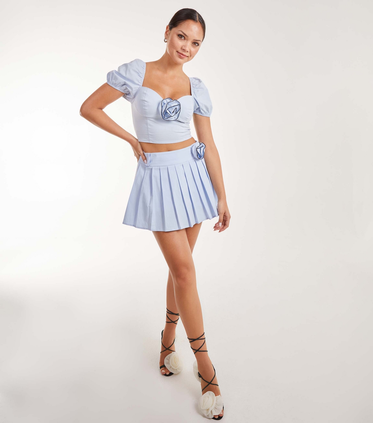 Women's Blue Corsage Pleated Mini Skort Pink Vanilla New Look