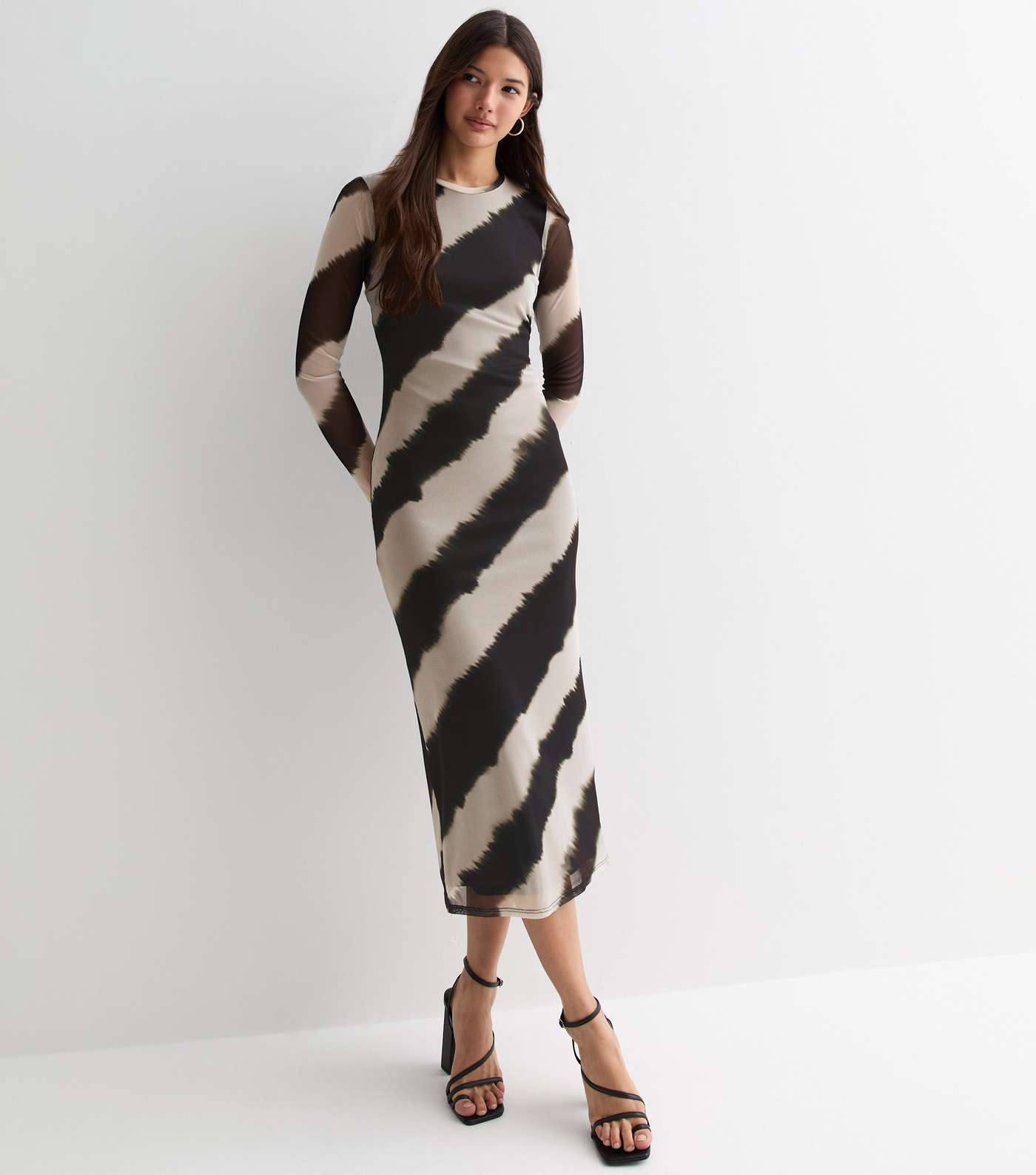 Black Diagonal Stripe Mesh Bodycon Midi Dress Image 3
