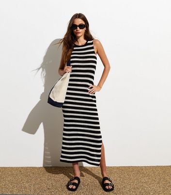 Black Stripe Knit Sleeveless Midi Dress New Look