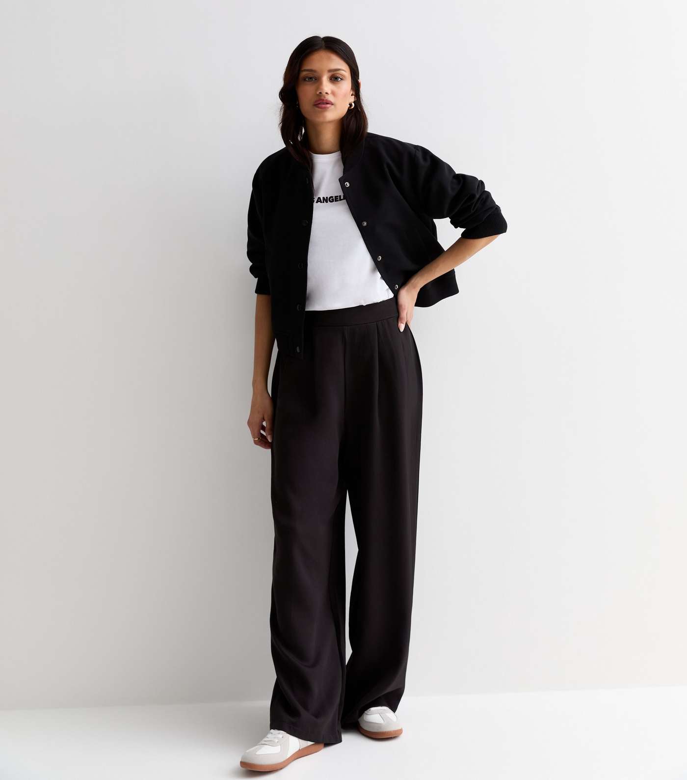 Black Elasticated Tailored Wide Leg Trousers Image 2