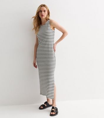 Off White Stripe Knit Sleeveless Split Hem Midi Dress New Look