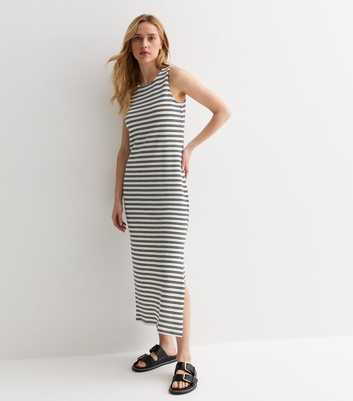 Off White Stripe Knit Sleeveless Split Hem Midi Dress