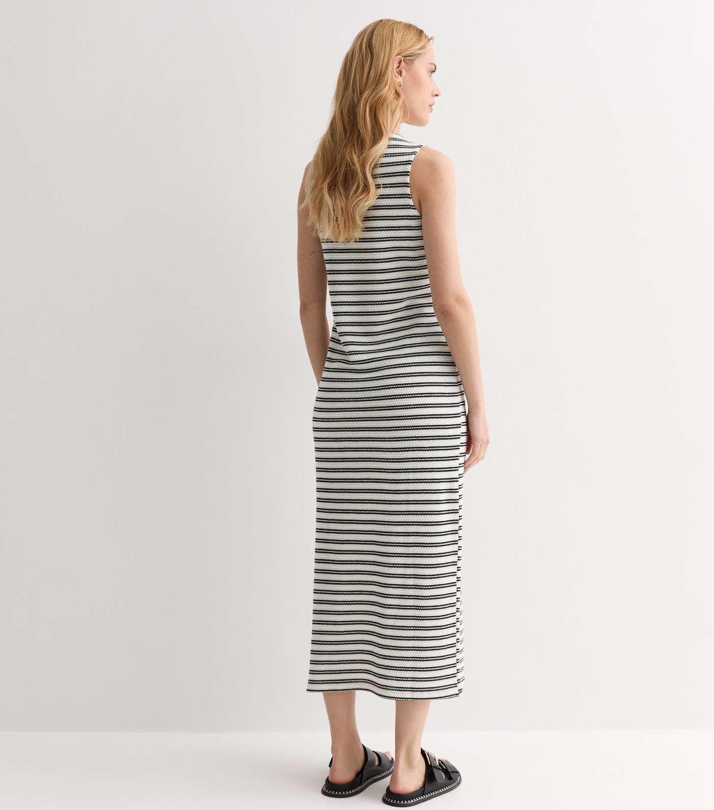 Off White Stripe Knit Sleeveless Split Hem Midi Dress Image 4