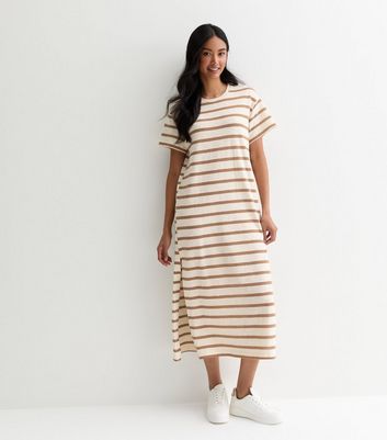 Off White Stripe Oversized Midi T Shirt Dress New Look