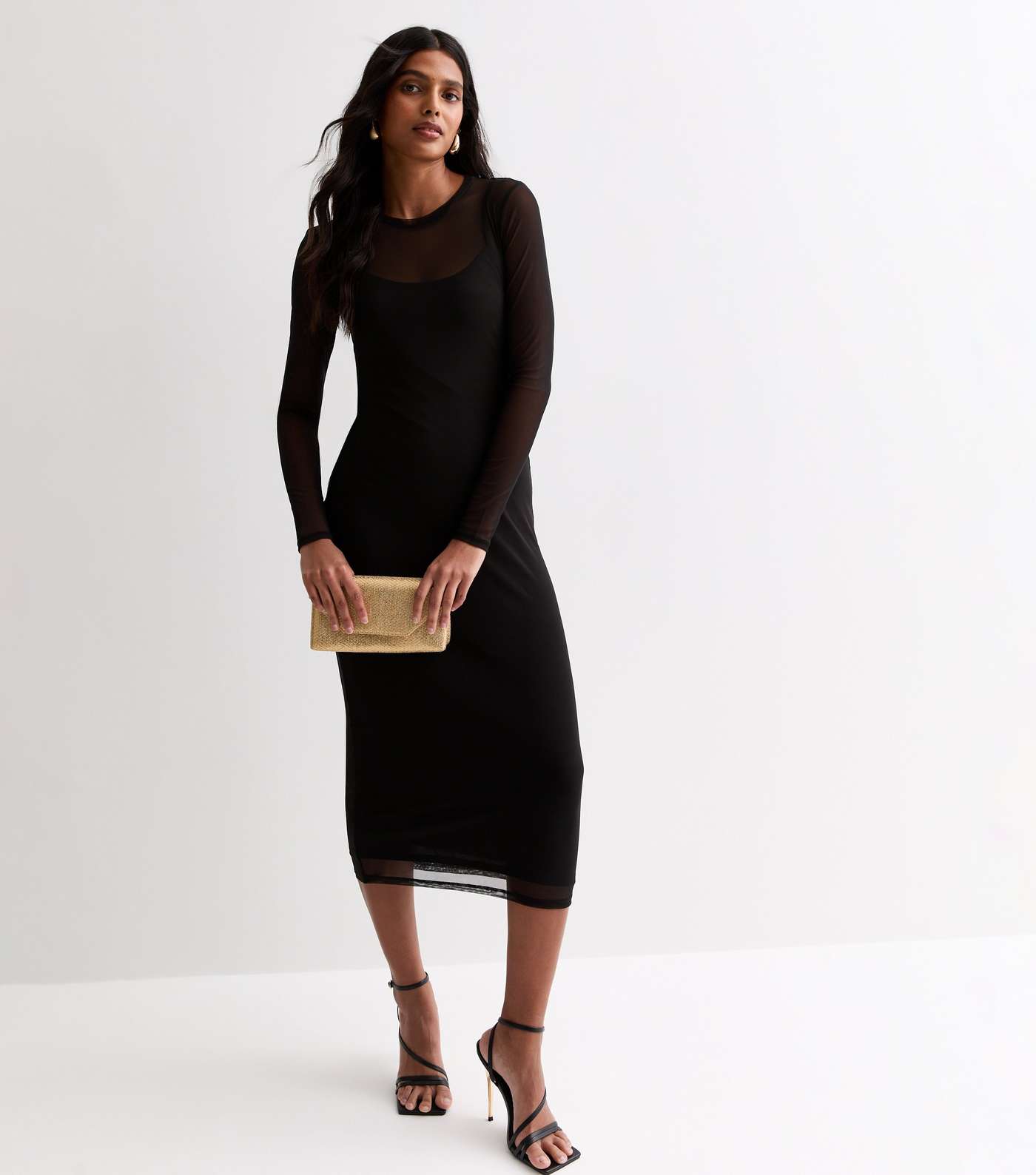 Black Mesh Long Sleeve Midi Dress Image 3