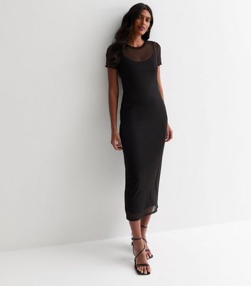 Black Mesh Short-Sleeved Midi Dress New Look