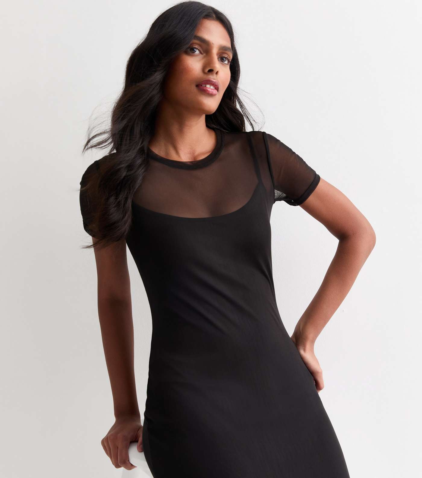 Black Mesh Short Sleeve Midi Dress Image 2