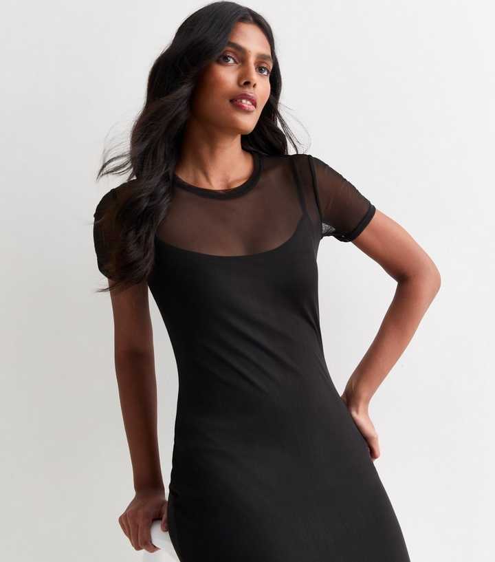 knee length dresses for ladies Gabrielle Slinky and Mesh Maxi Dress / Lemon | Meshki main image 1