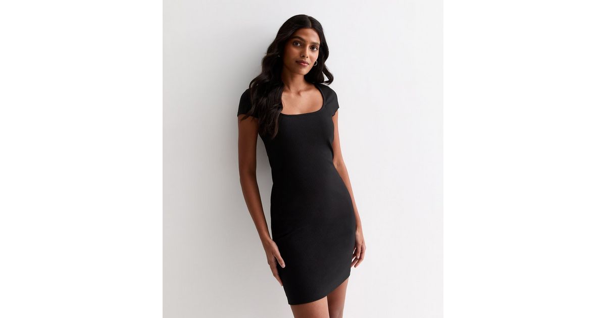 Black Square Neck Ribbed Mini Dress | New Look