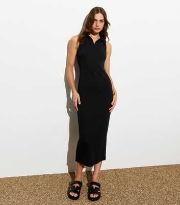 Black Collared Sleeveless Ribbed Midi Dress