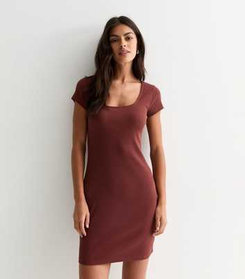 Brown Rib Cotton-Blend Mini Dress