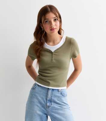 Girls Olive 2 In 1 Ribbed Stretch Cotton T-Shirt