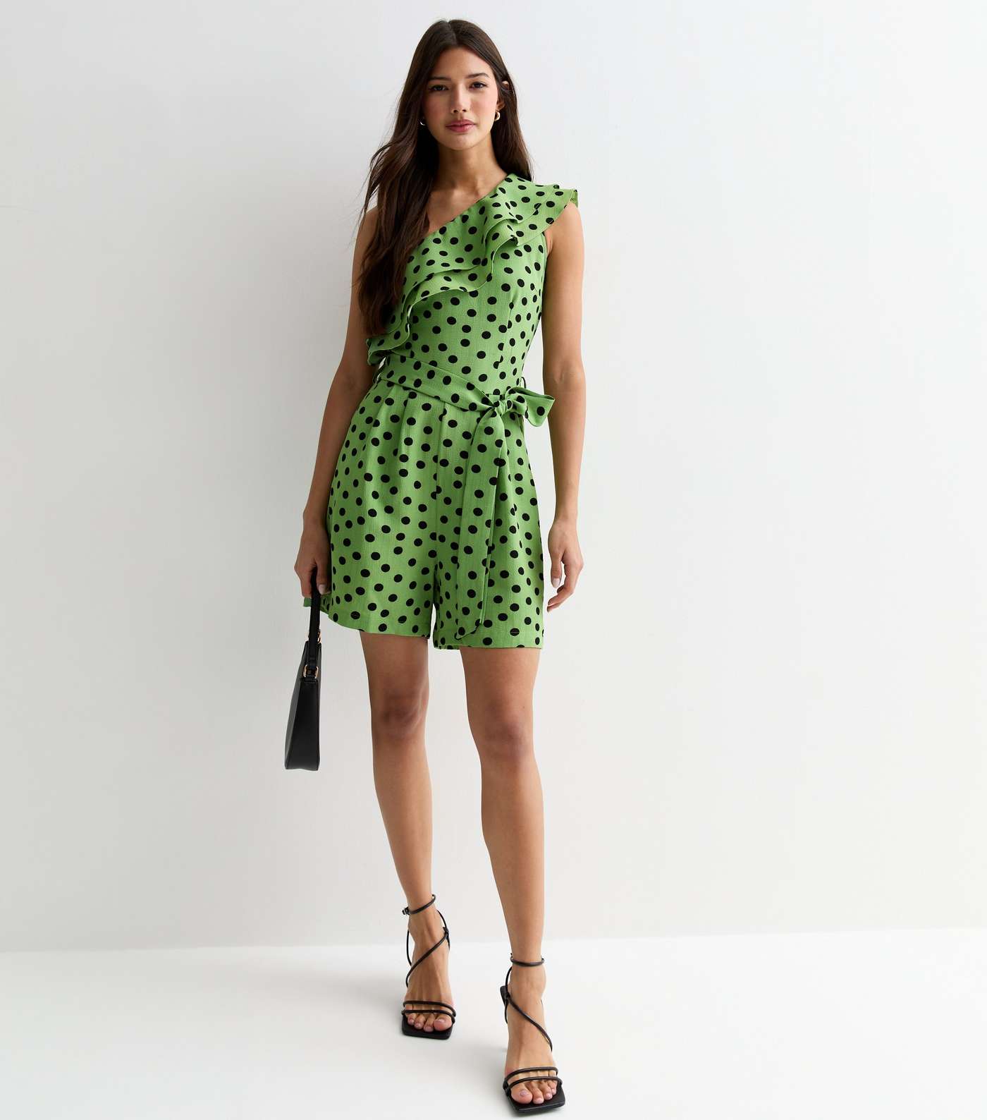 Gini London Green Spot One Shoulder Playsuit Image 3