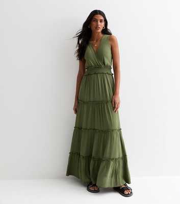 Gini London Olive Shirred Waist Maxi Dress