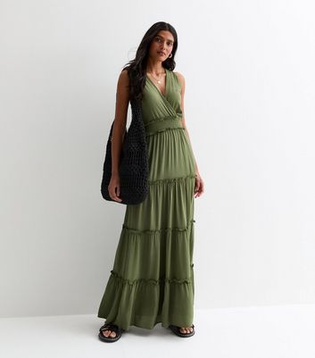 Gini London Olive Shirred Waist Maxi Dress New Look