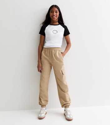 Girls Beige Cuffed Cotton Cargo Trousers