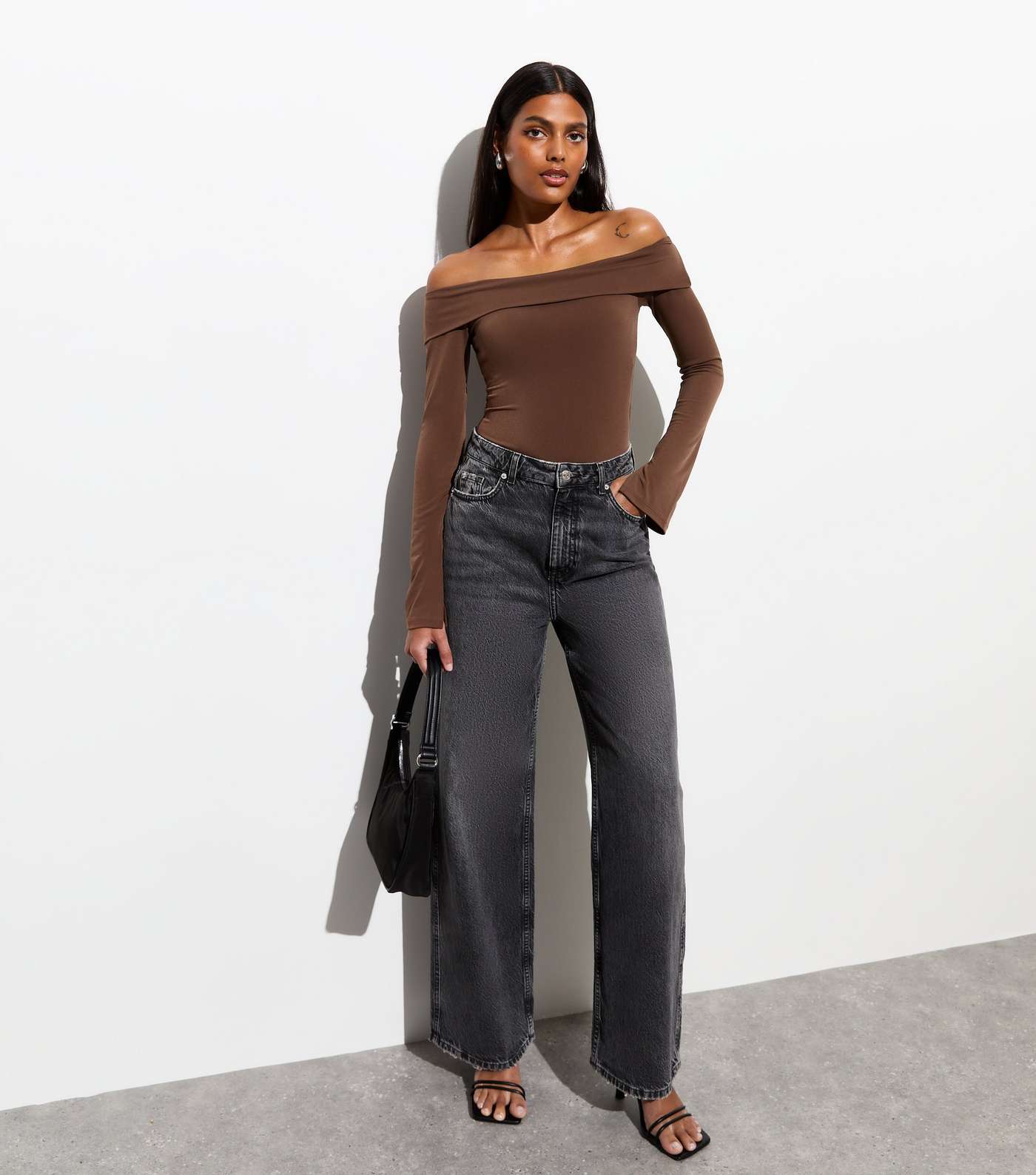 Dark Brown Bardot Long Sleeve Thong Bodysuit Image 3