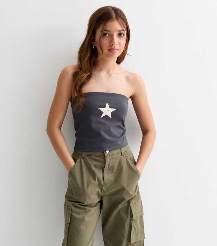 Girls Dark Grey Star Print Bandeau Top