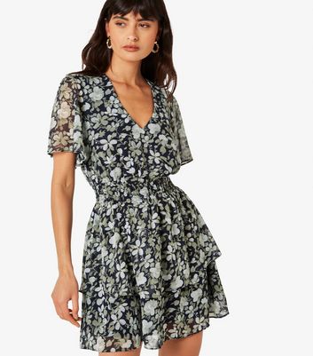 Apricot Navy Floral Shirred Tiered Mini Dress New Look