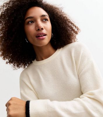 White Contrast Trim Knit Crew Neck Jumper | New Look