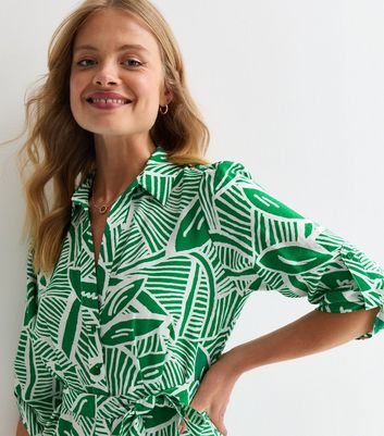 Green Leaf Print Mini Shirt Dress New Look