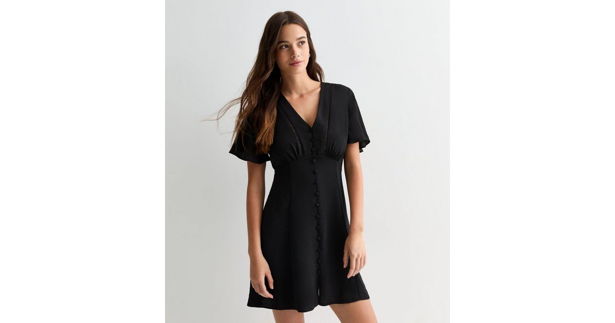 Black Button Front Mini Tea Dress | New Look