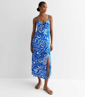 Tall Blue Shell Print Strappy Split Hem Midi Dress
