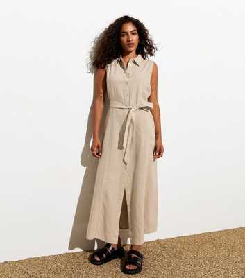 Petite Stone Belted Linen-Blend Shirt Midi Dress