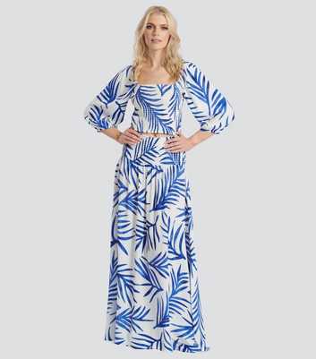 South Beach Blue Palm Print Shirred Maxi Skirt