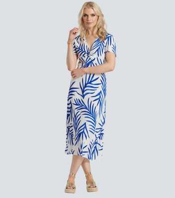 South Beach Blue Palm Print Twist Front Midi Dress