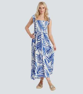 South Beach Blue Palm Print Shirred Midi Dress
