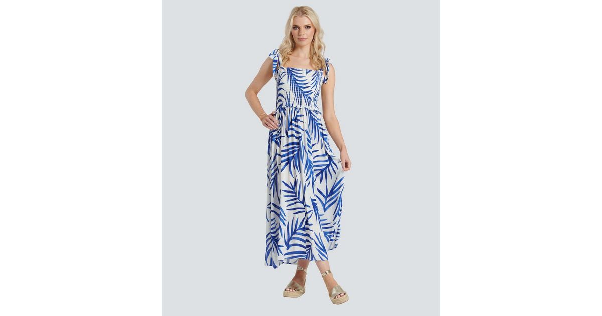 South Beach Blue Palm Print Shirred Midi Dress | New Look