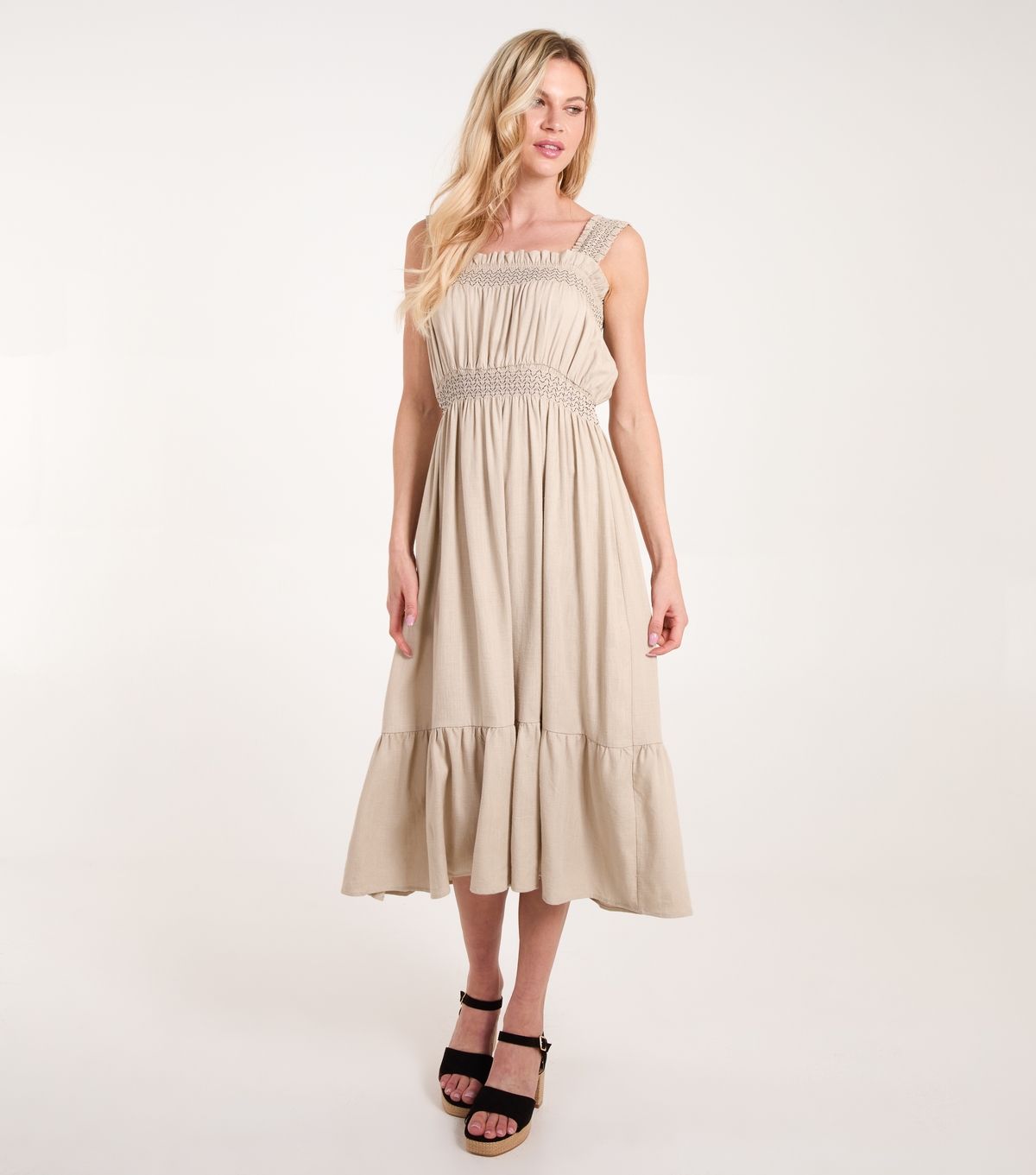 Women's Stone Shirred Midi Dress Blue Vanilla New Look