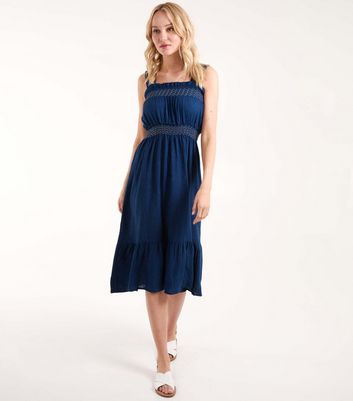 Blue Vanilla Navy Shirred Midi Dress New Look