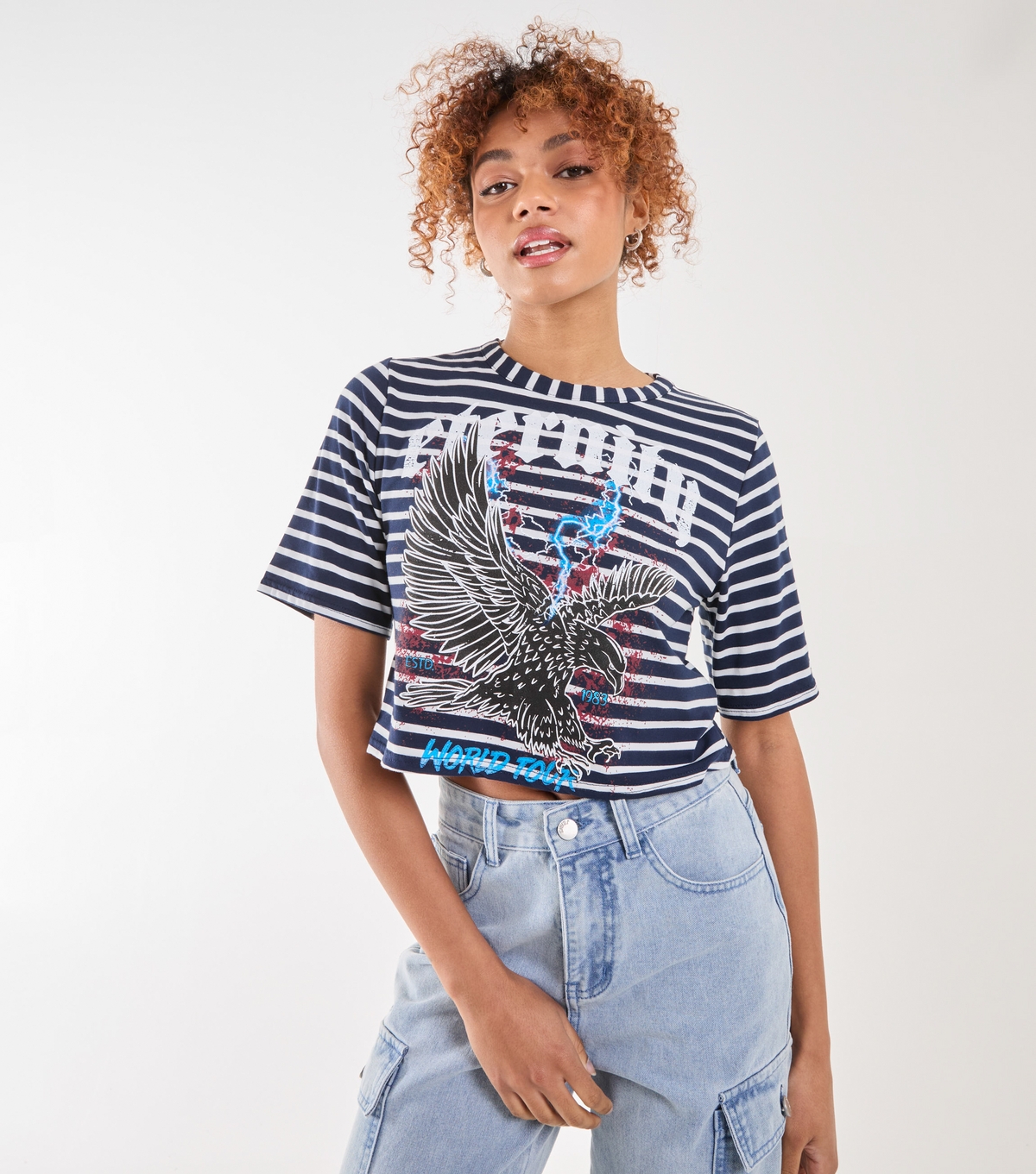 Women's Navy Striped Graphic T-Shirt Pink Vanilla New Look