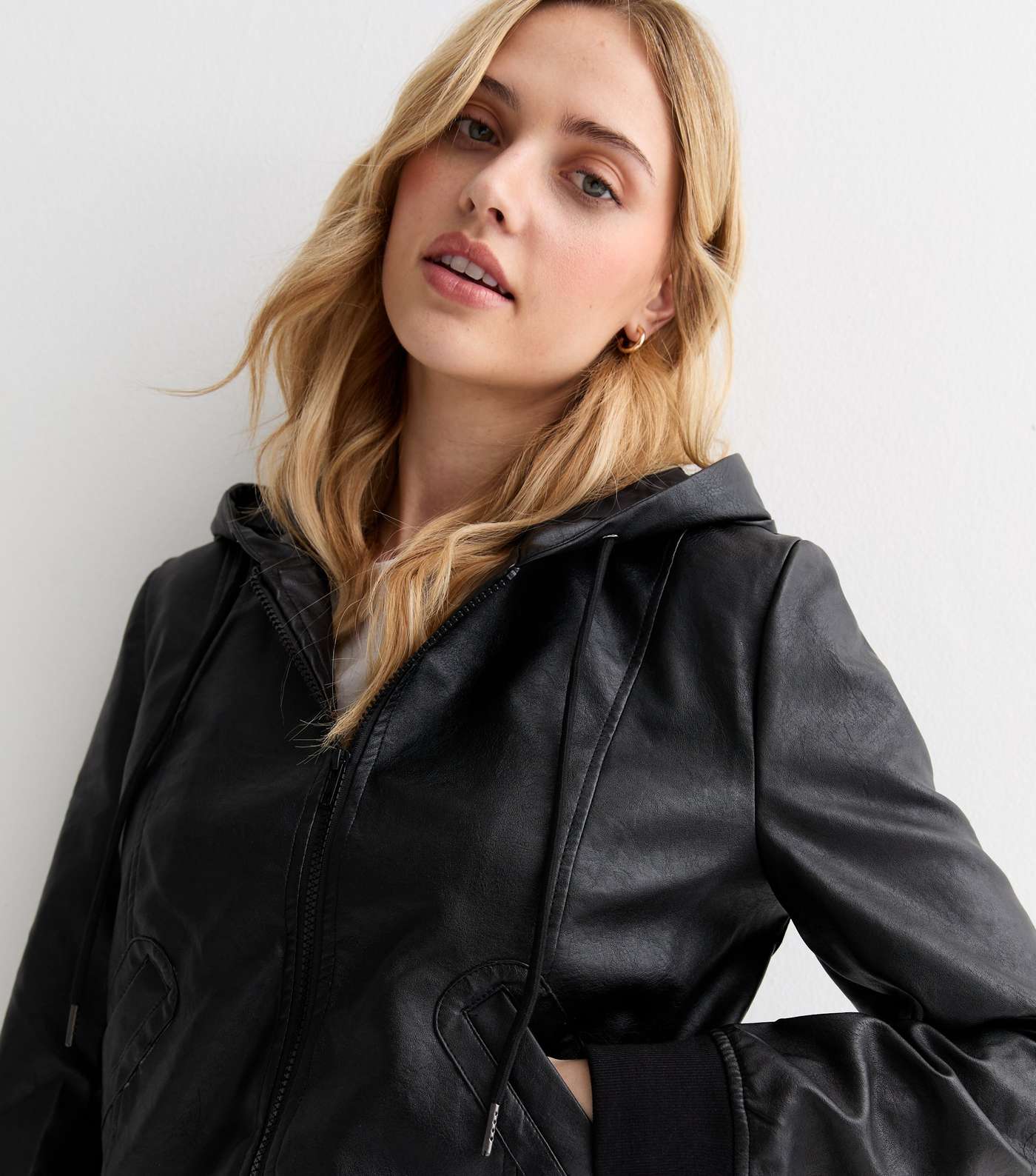 Gini London Black Leather-Look Hooded Biker Jacket Image 2