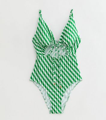 Gini London Green Wave Print Cut Out Swimsuit New Look