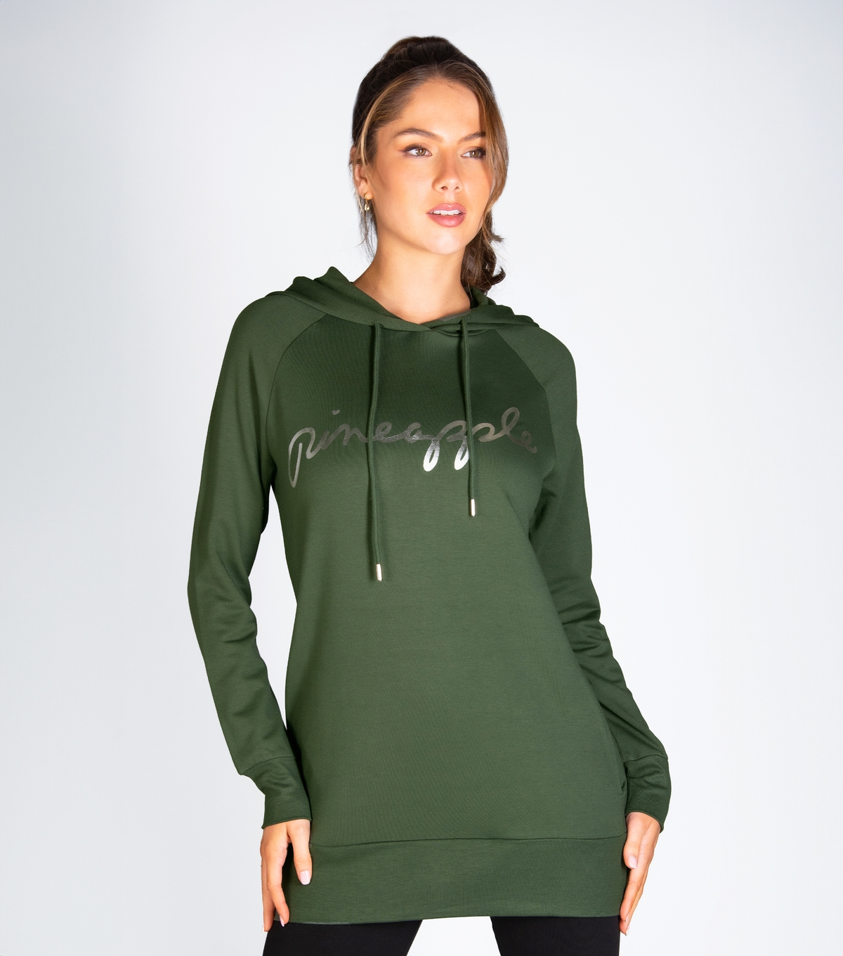 Women's Dark Green Logo Longline Hoodie Pineapple New Look