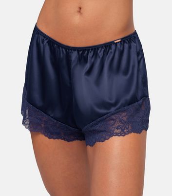 Dorina Navy Satin Lace Trim Shorts New Look