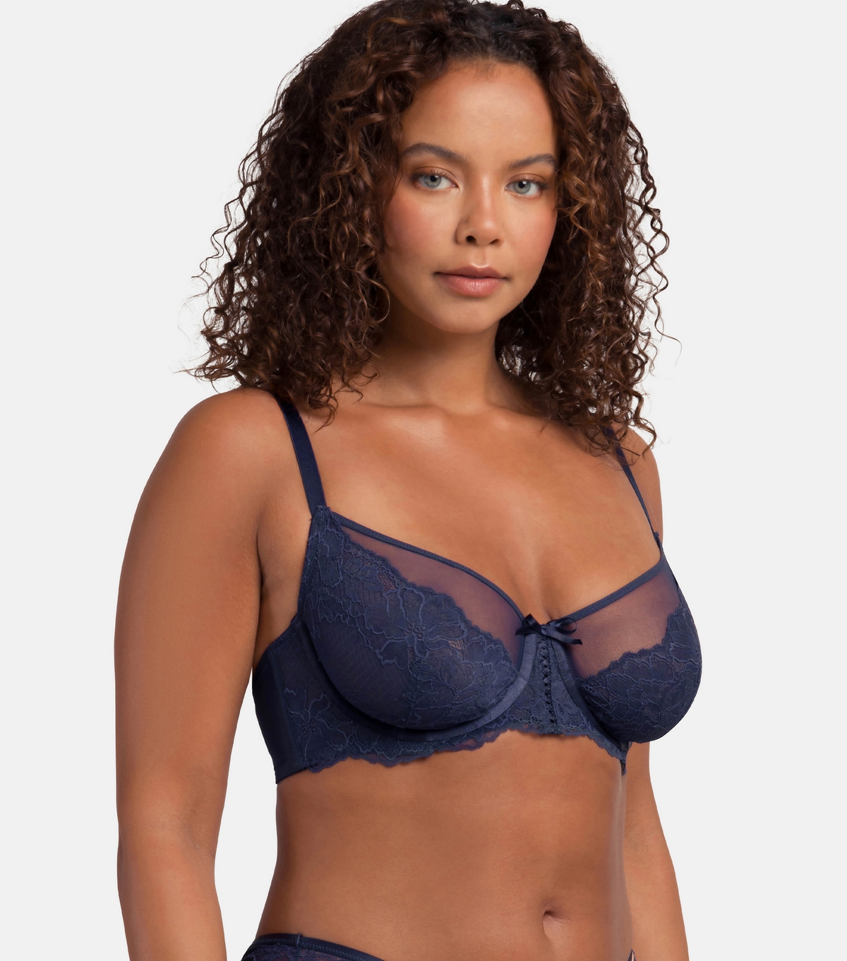 Women's Plus Size Navy Floral Lace Mesh Underwired Bra Curves Dorina New Look