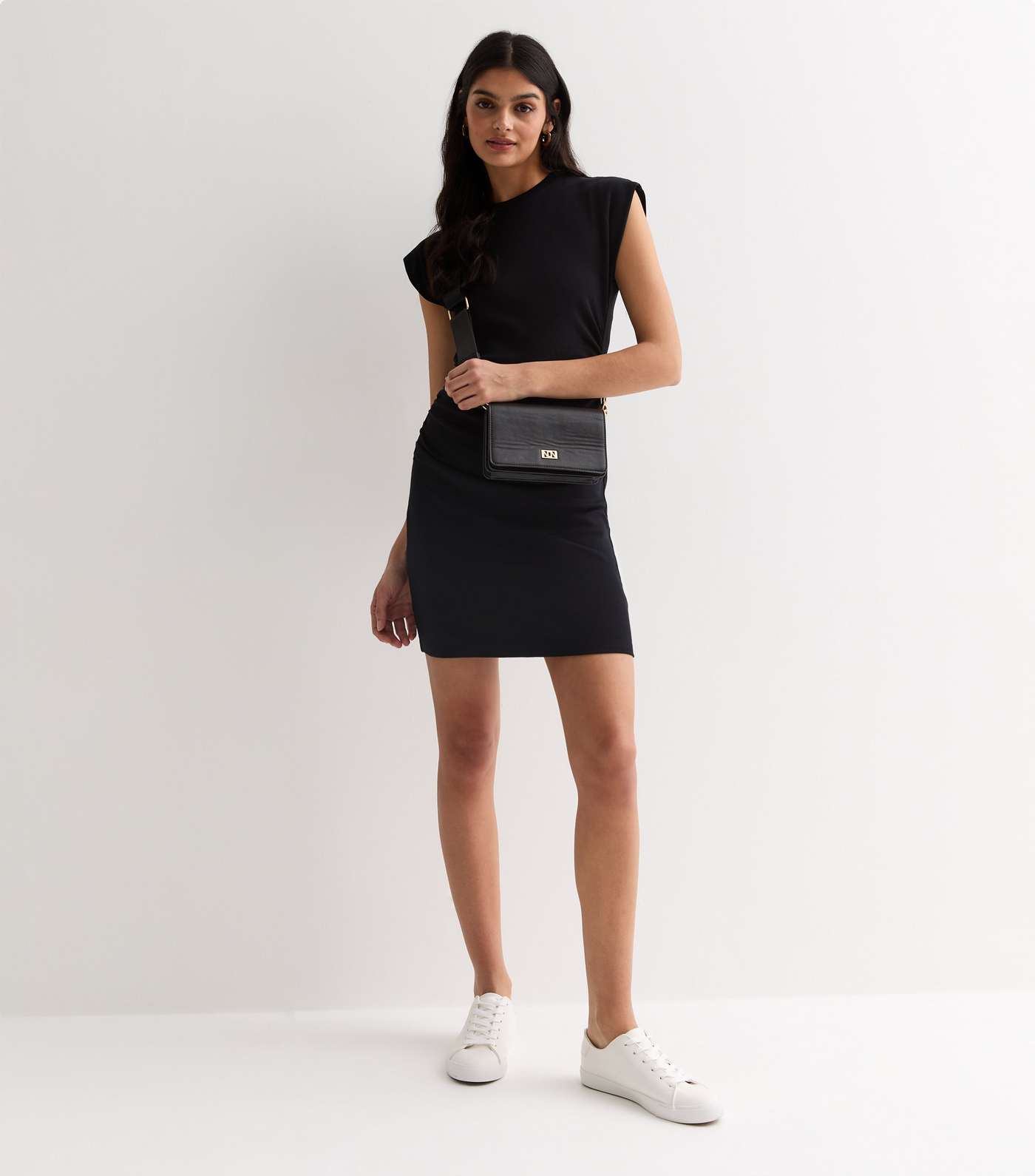 Black Cotton Short Sleeve Mini Dress Image 3