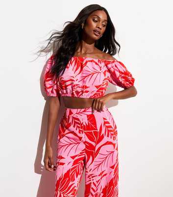 Pink Tropical-Print Bardot Beach Top