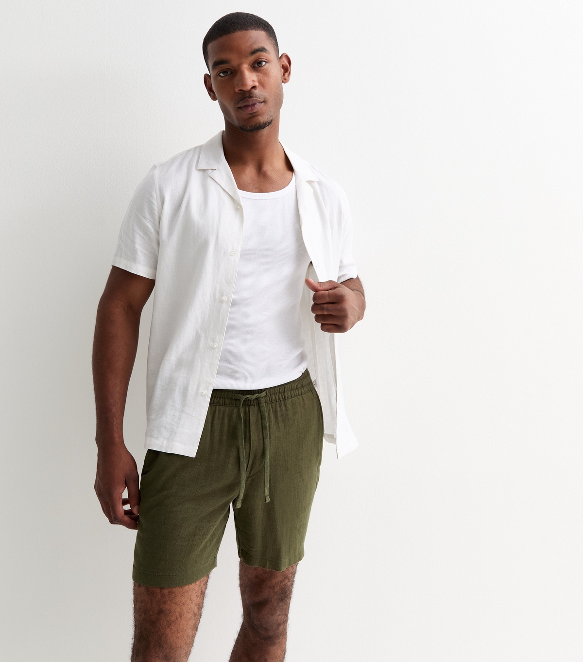 Men's Dark Green Cotton-Linen Shorts Only and Sons New Look